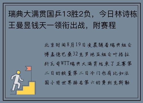 瑞典大满贯国乒13胜2负,今日林诗栋王曼昱钱天一领衔出战,附赛程 瑞典大满贯国乒13胜2负,今日林诗栋王曼昱钱天一领衔出战,附赛程